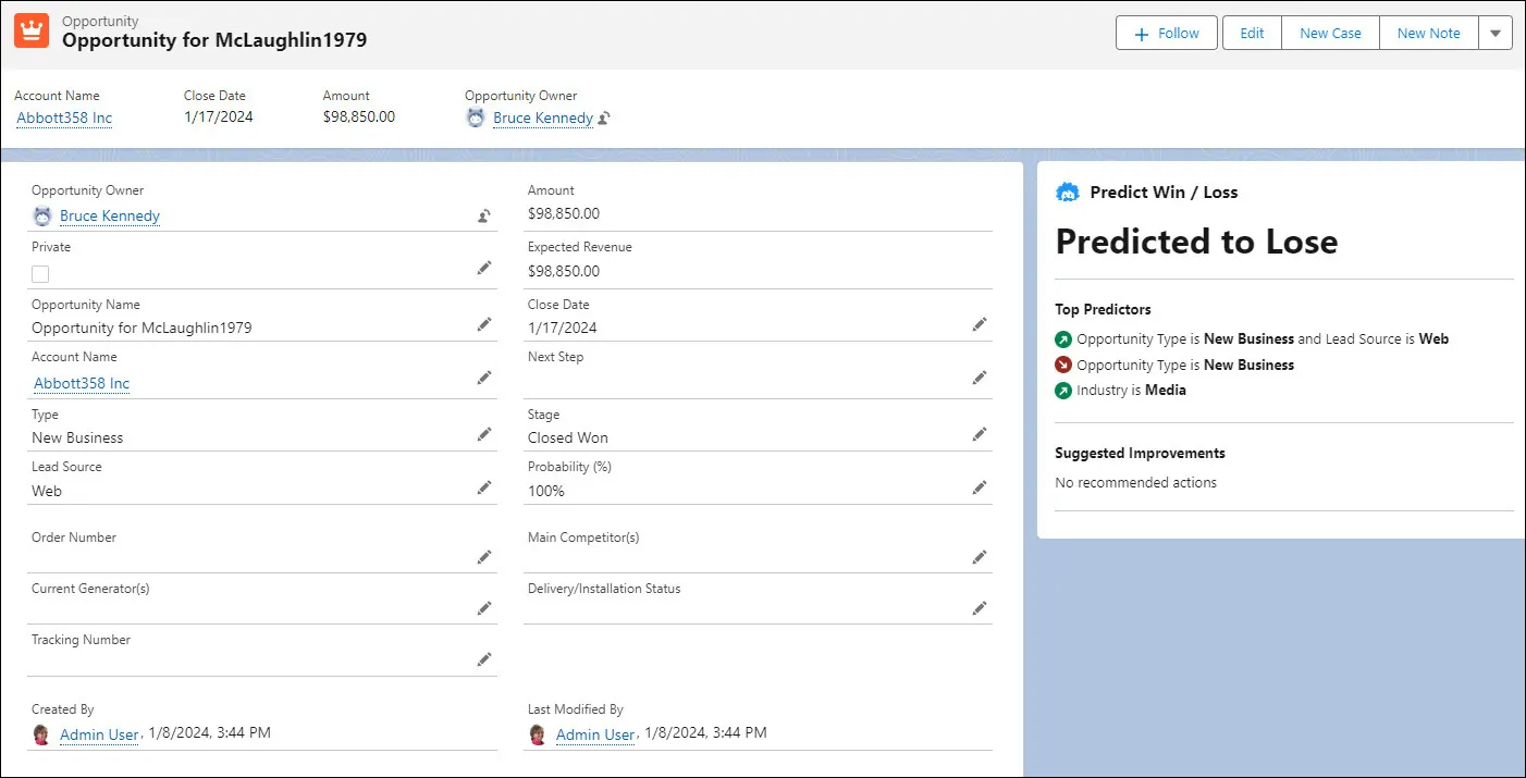 Panel Predicción de Einstein en la página de registro de Lightning para una oportunidad