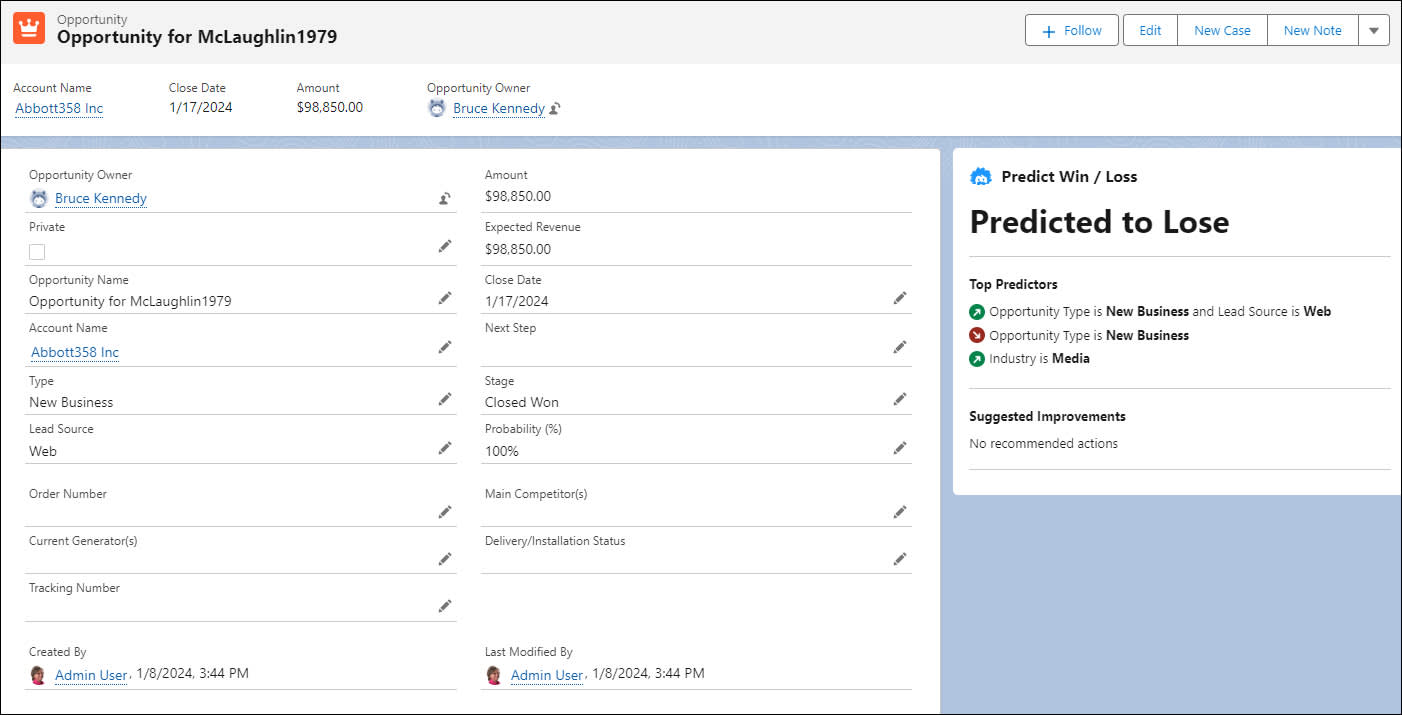 Painel Previsões do Einstein na página de registro do Lightning de uma oportunidade