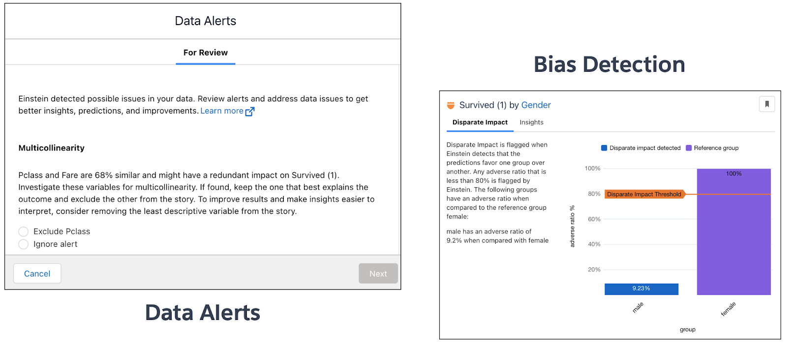 Data alerts screen showing issues detected, and Disparate Impact tab showing that bias was detected