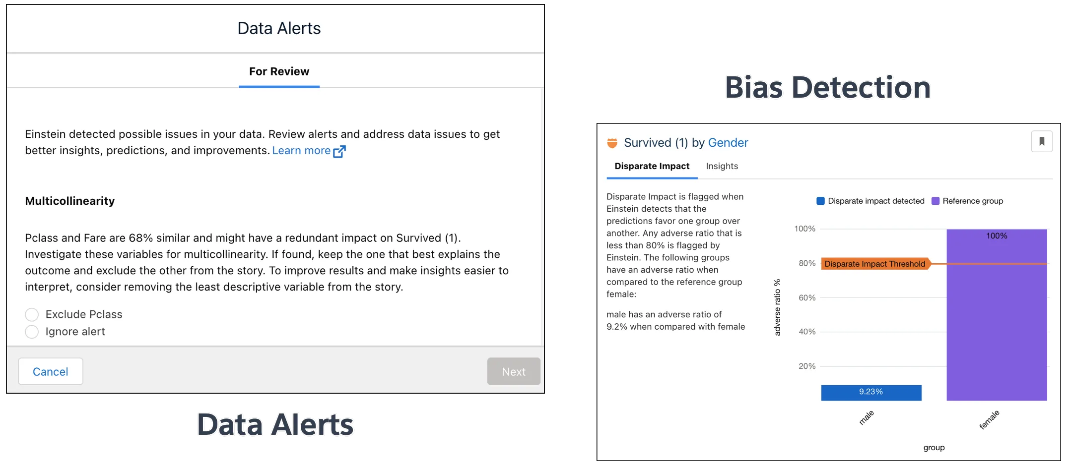 Data alerts screen showing issues detected, and Disparate Impact tab showing that bias was detected