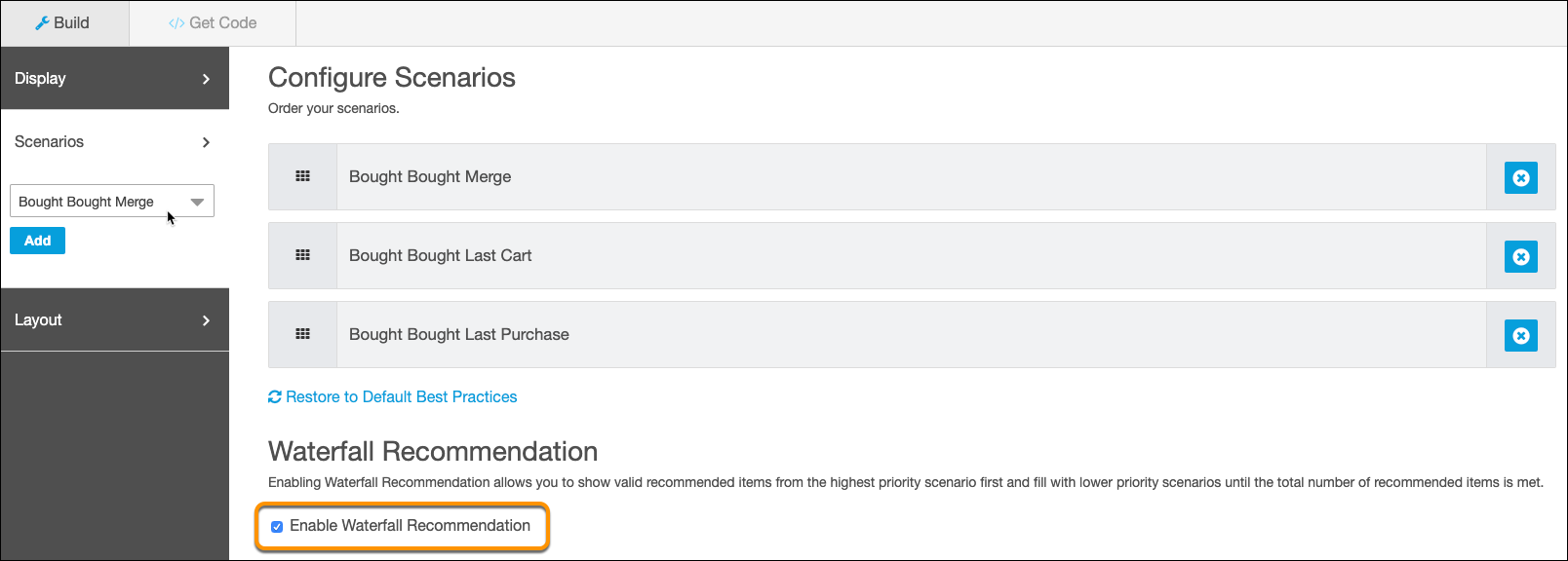 Configure scenarios with enable waterfall recommendations circled and the cursor on Bought Bought Merge.