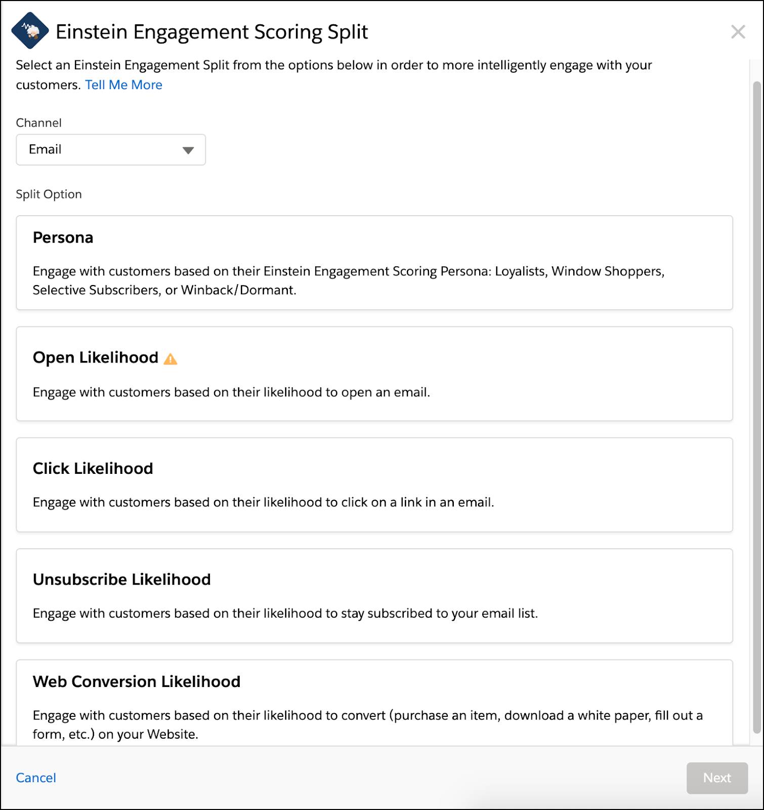 Einstein Engagement Scoring options for email.