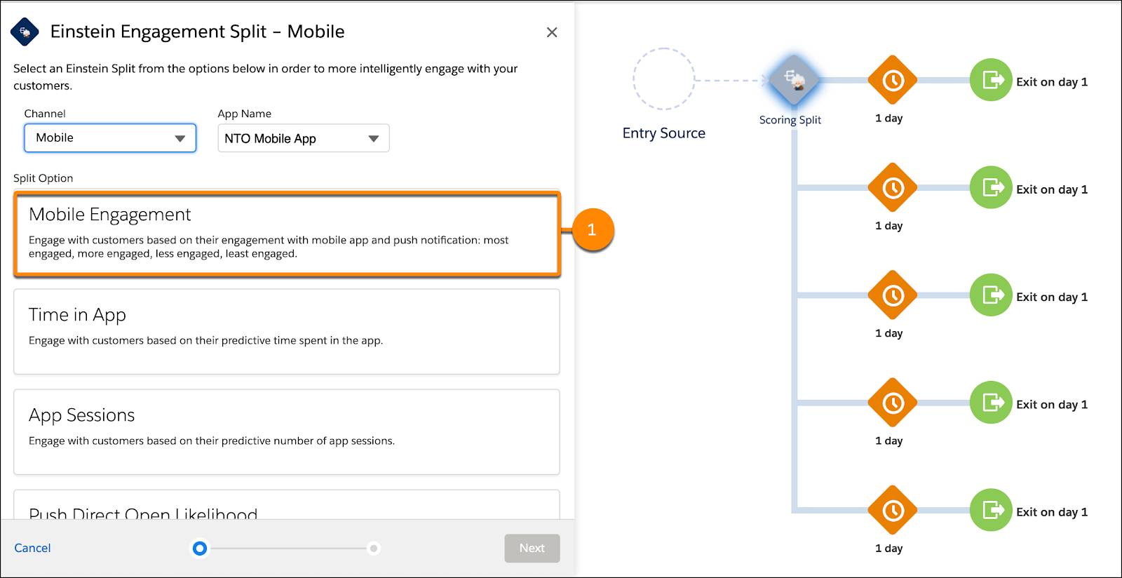 Mobile Engagement split option circled