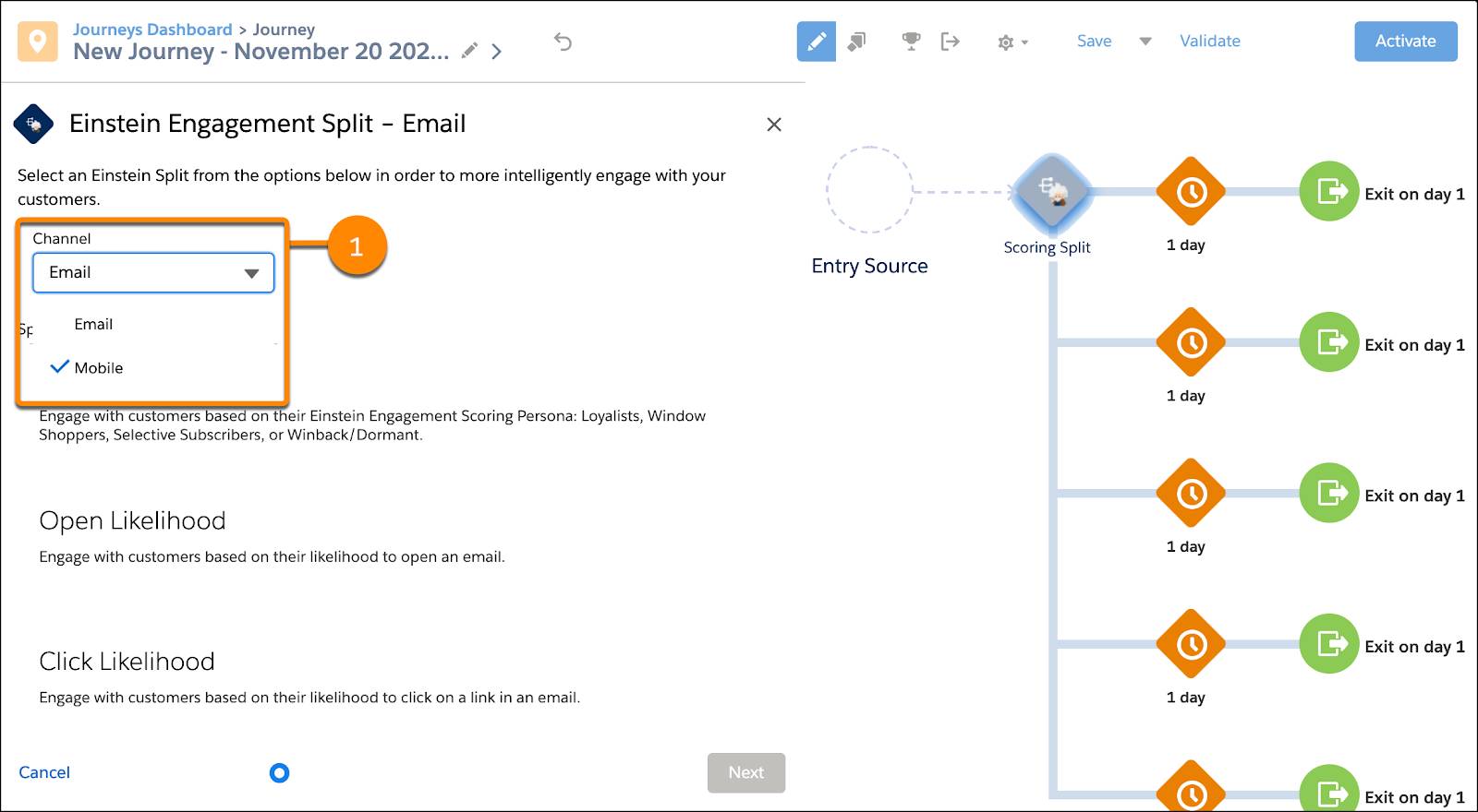Journey dashboard with Einstein Split channel options