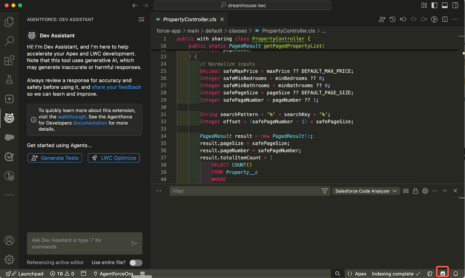 Ventana de VS Code con el icono de Agentforce resaltado en la barra de estado