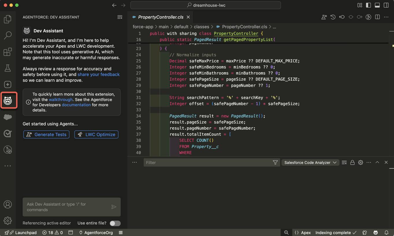 Fenêtre VS Code avec l’icône Agentforce mise en évidence dans la barre d’activité