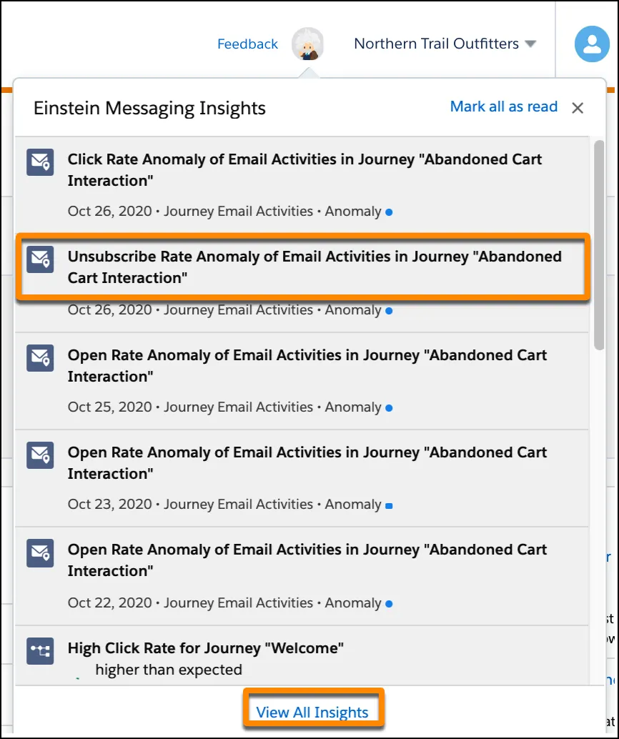 Einstein insights popup with the View All Insights link highlighted.