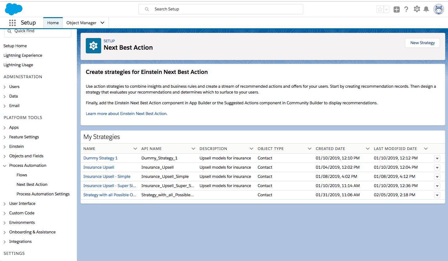 Página de configuración de Einstein Next Best Action