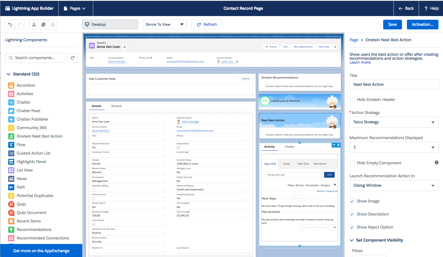 Lightning App Builder showing the Einstein Next Best Action component on the Contact page