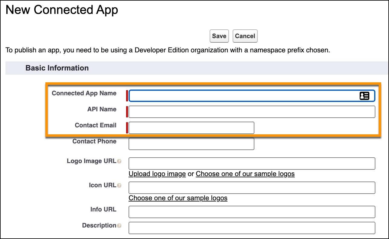 Lightning Experience App Manager screen showing new connected app prompt for the app name, API name, and contact email