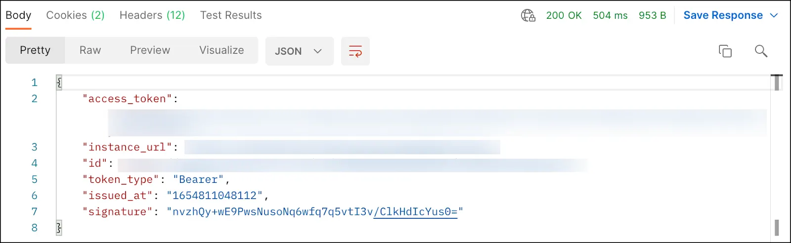 Postman Desktop screen—response from authentication request