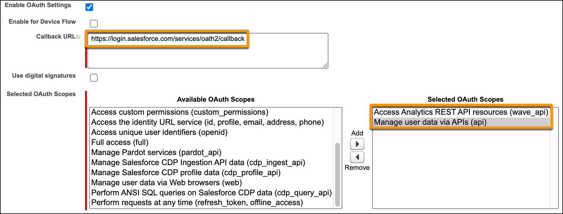 Lightning Experience App Manager screen showing Callback URL and Selected OAuth Scopes