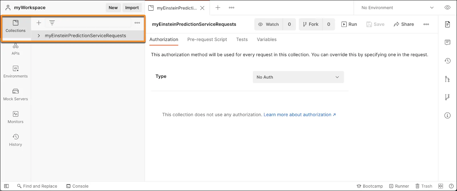 Postman Desktop screen - New collection named myEinsteinPredictionServiceRequests