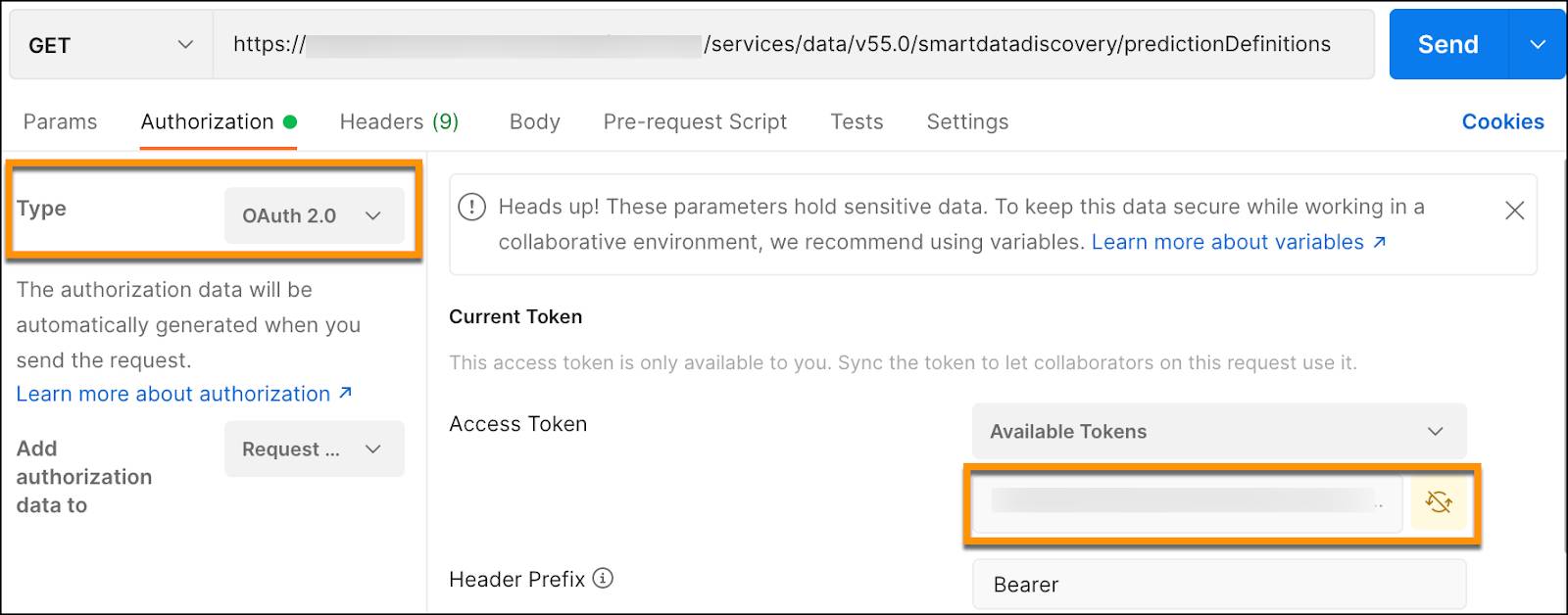 Postman Desktop-Bildschirm mit Autorisierungseinstellungen für die Anforderung