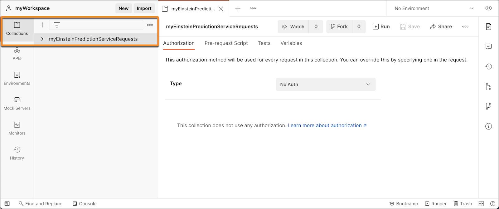 Pantalla de la versión de escritorio de Postman donde se ve una nueva colección llamada myEinsteinPredictionServiceRequests