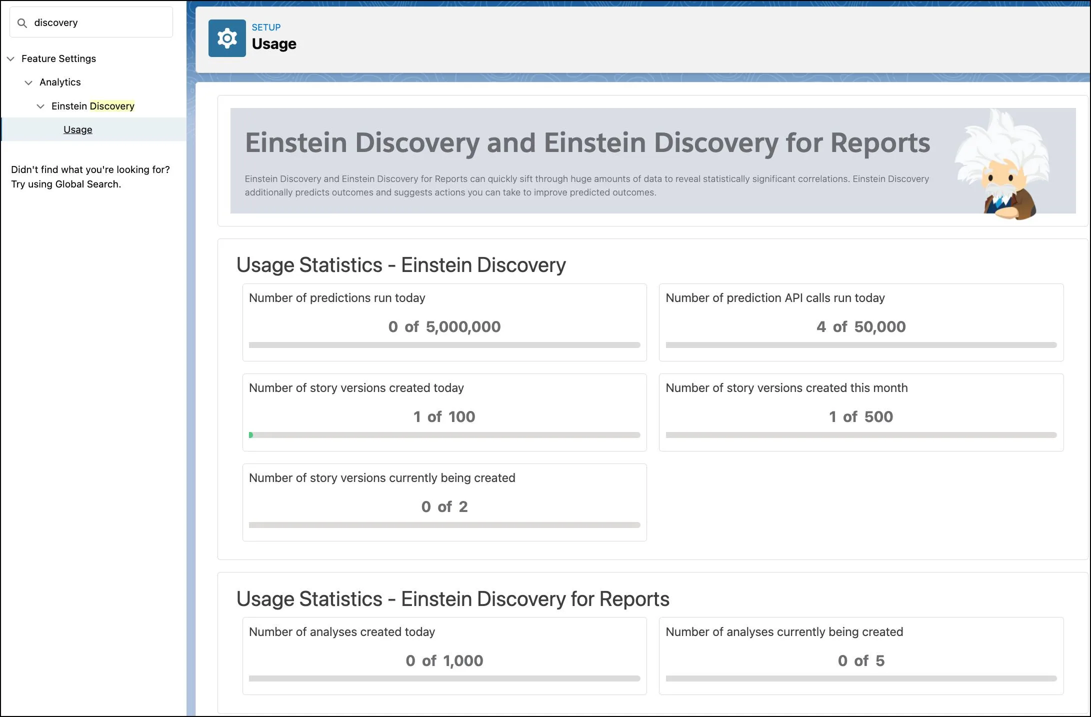 Einstein Discovery 使用情况监控屏幕，显示今天运行的预测 API 调用数量