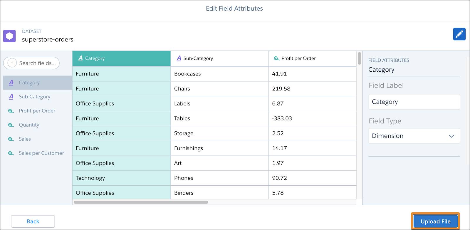 Edit Field Attributes screen that previews the data to upload