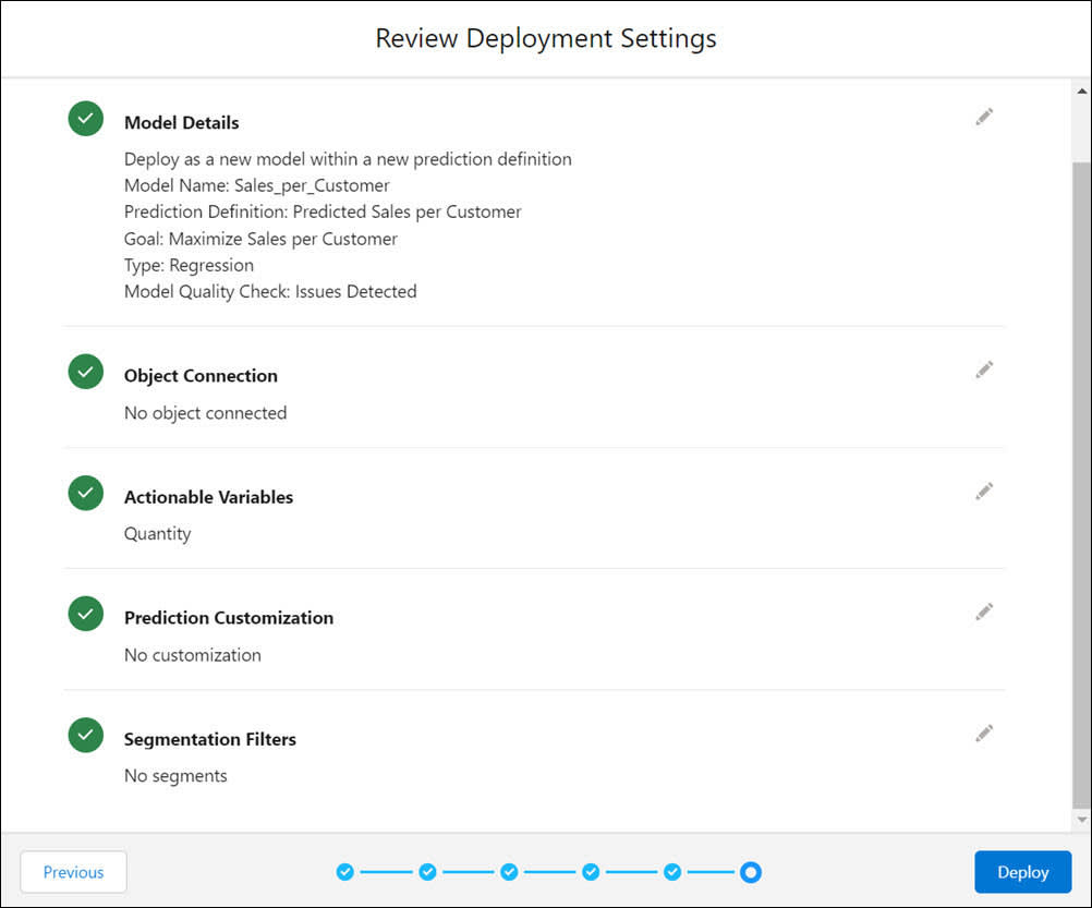 Pantalla Review Deployment Settings (Revisar configuración de implementación) del asistente de implementación
