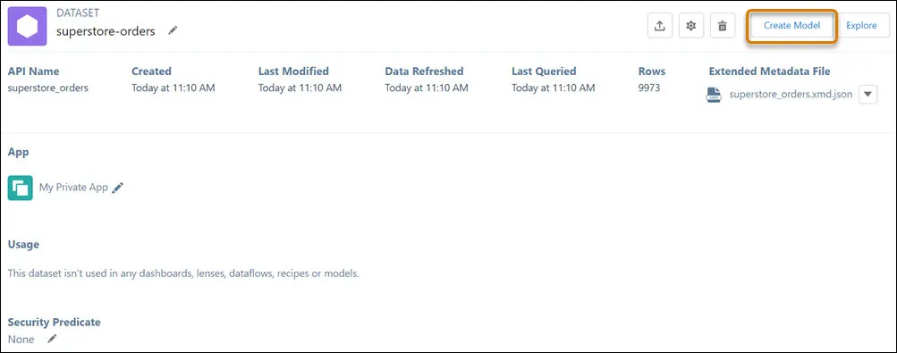 Create Story(사례 만들기) 버튼이 강조 표시된 Dataset(데이터 집합) 탭