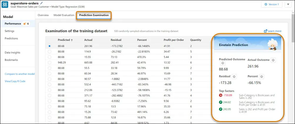 무작위 샘플링된 학습 데이터 표와 Einstein Prediction 패널이 있는 예측 검사 화면