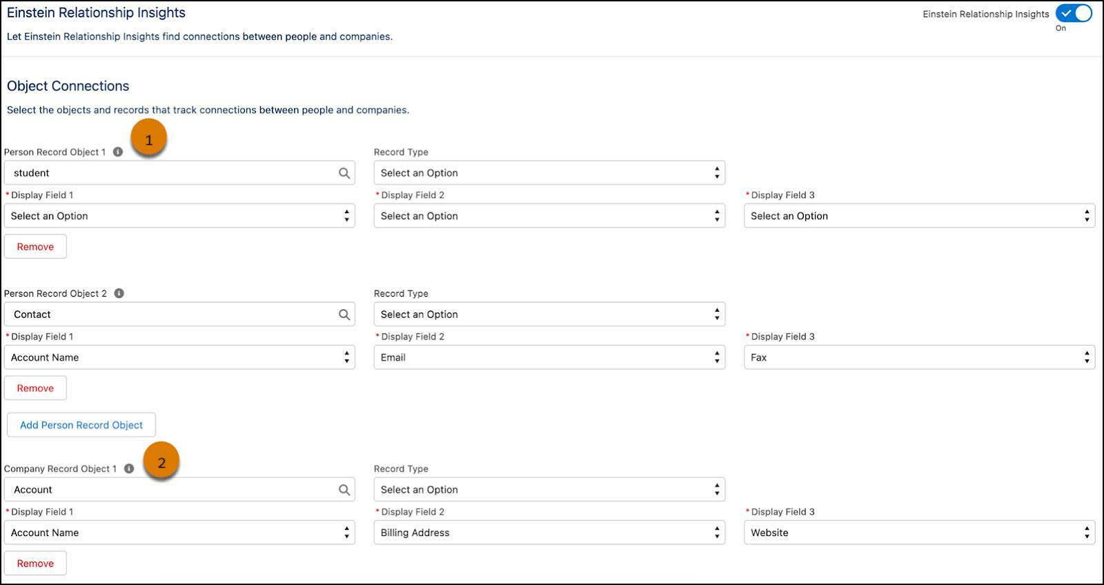 Einstein Relationship Insights Configuration page showing object connections