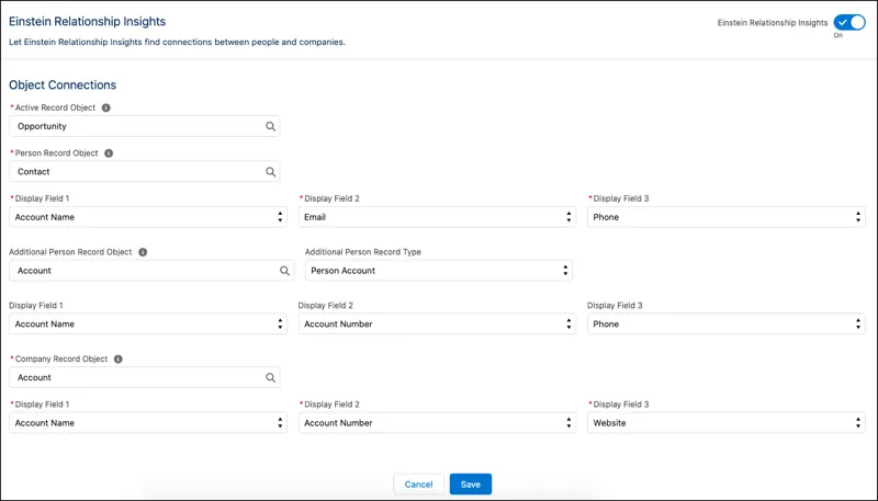 The Einstein Relationship Insights configuration page displaying object connections