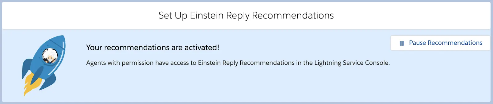 Set Up Einstein Reply Recommendations page showing confirmation of activation.