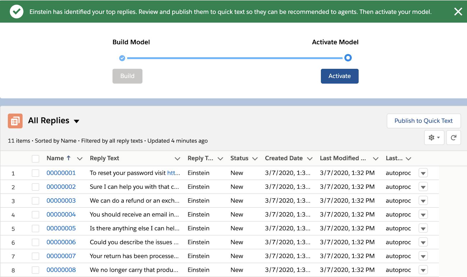 A list of generated Reply Text with the option to activate the model.