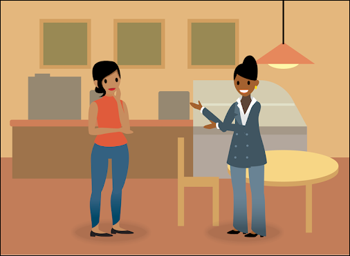 Maria and Sita chatting in the break room.