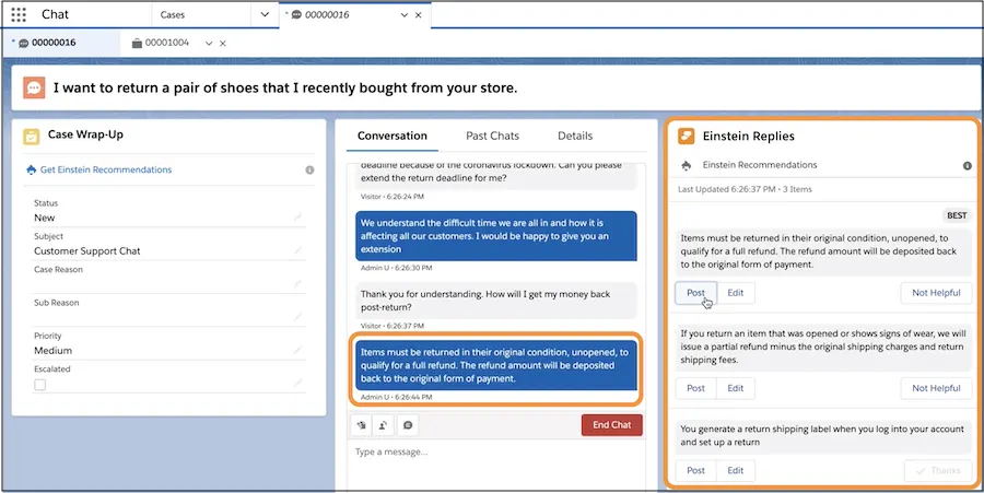 Einstein’s recommended replies shown alongside an agent’s chat window.