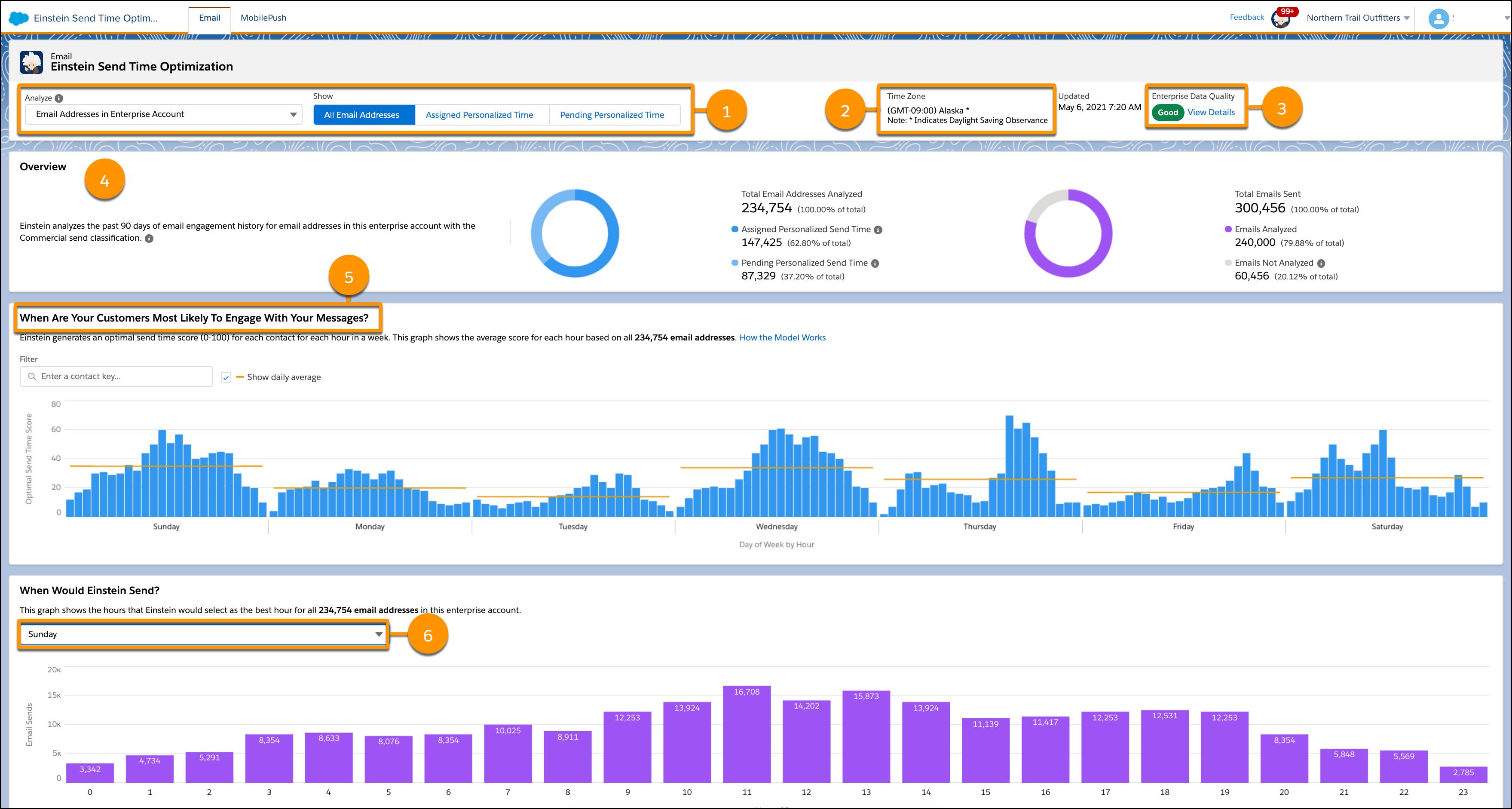 Einstein Send Time Optimization email dashboard with callouts of specific features.