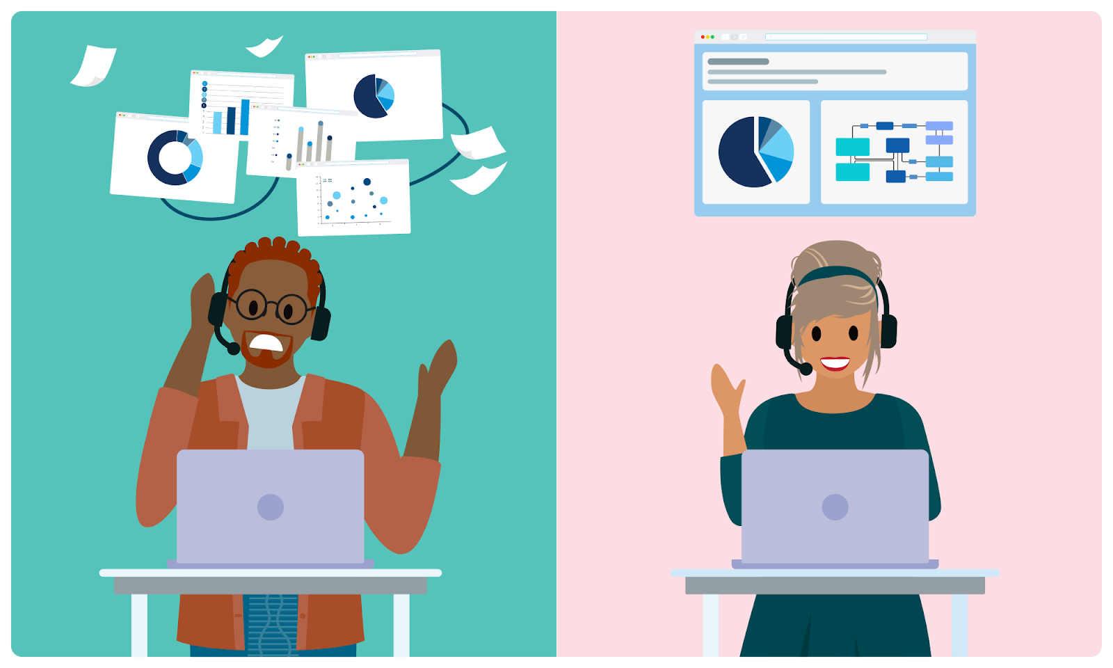 An agent overwhelmed working with multiple screens, next to a happy agent with all their work in a single screen.