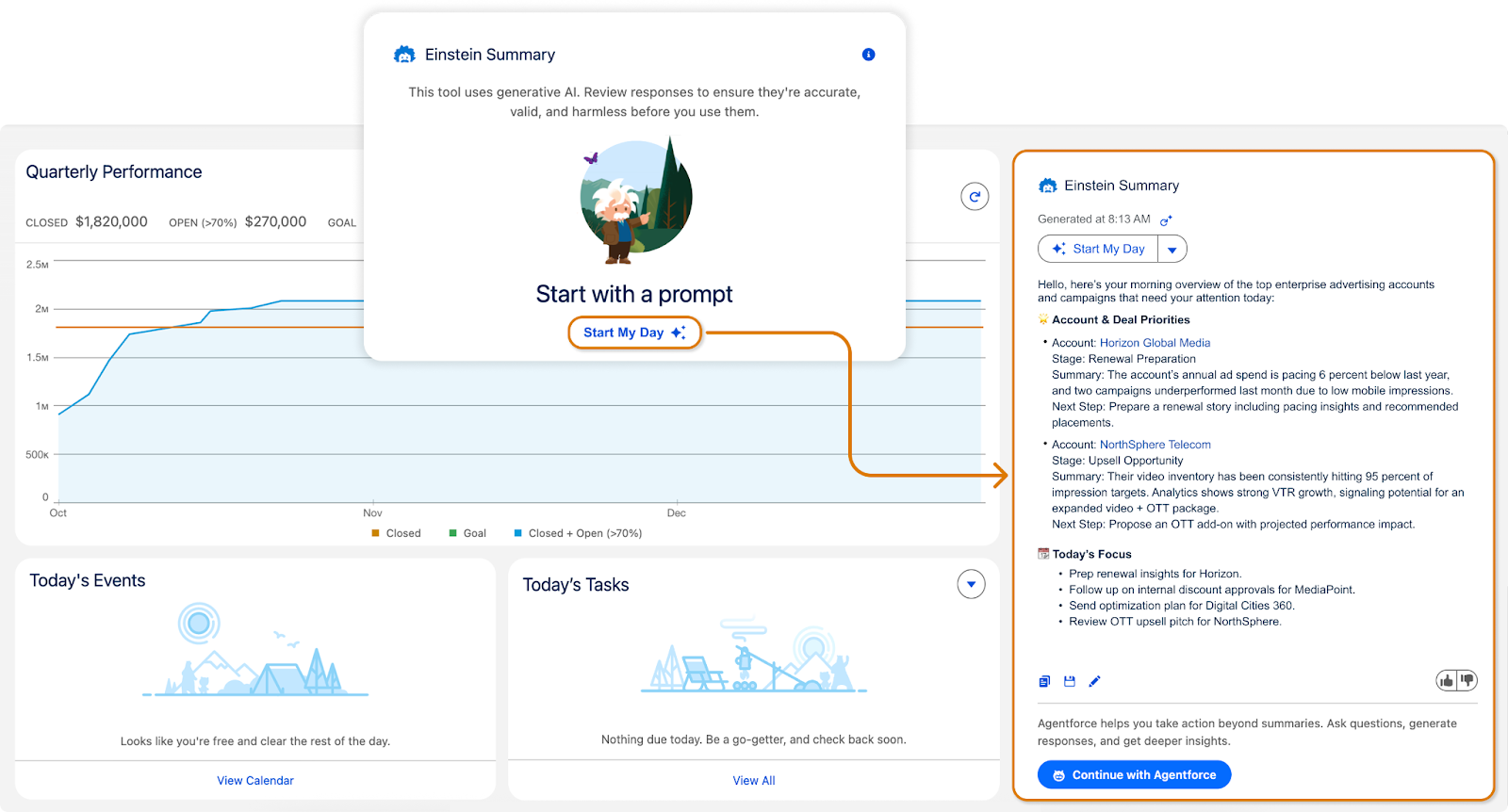 Einstein Summary generates a ‘Start My Day’ briefing with account priorities and tasks alongside a dashboard of quarterly performance, events, and tasks.