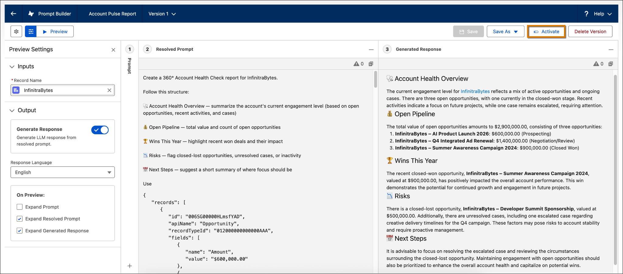 Salesforce Prompt Builder preview showing inputs, resolved prompt, and a generated account health report for the record ‘InfinitaBytes.’