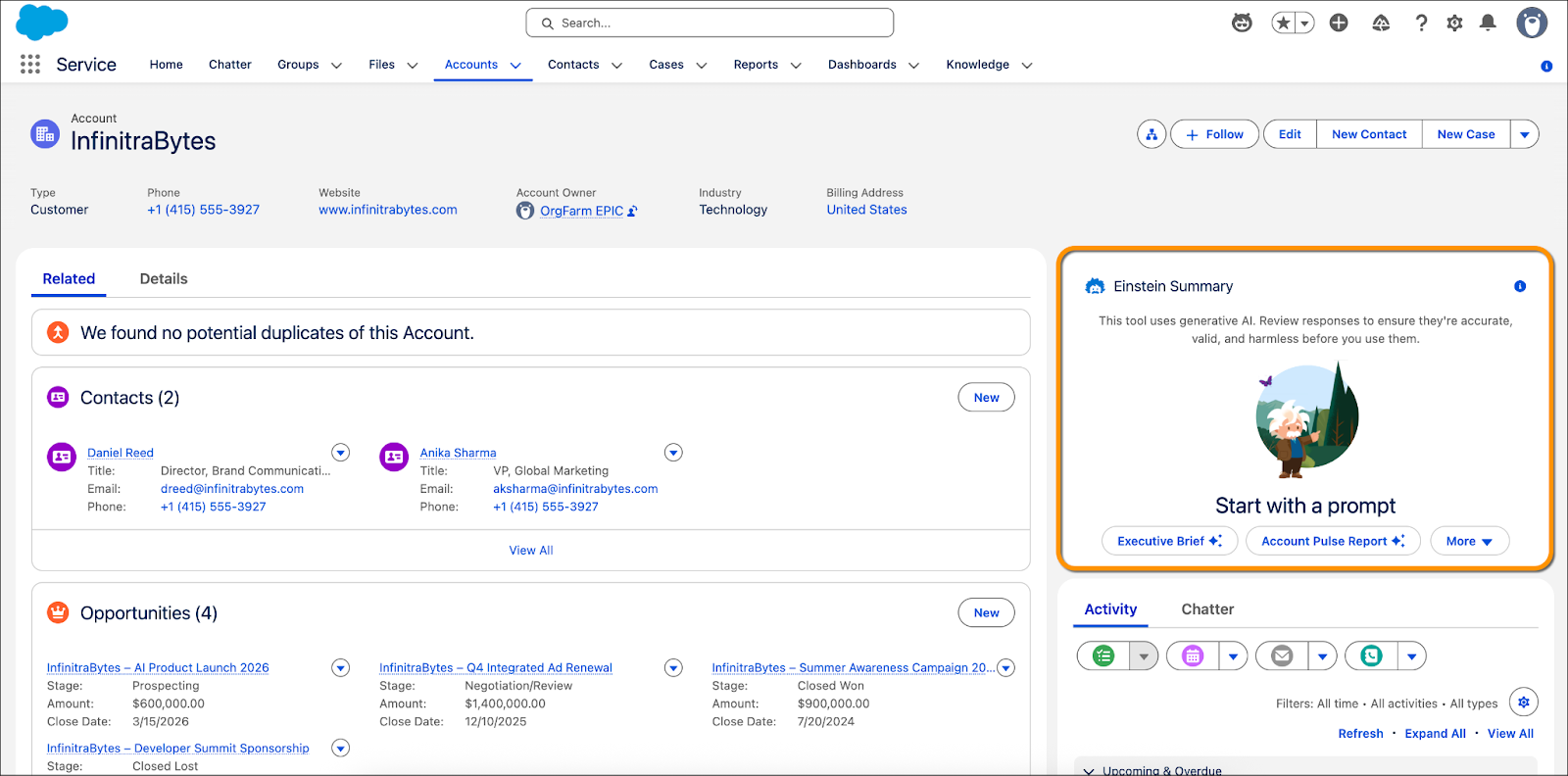 Salesforce Account page for InfinitaBytes showing related records and the Einstein Summary panel with prompt options like Executive Brief and Account Pulse Report.