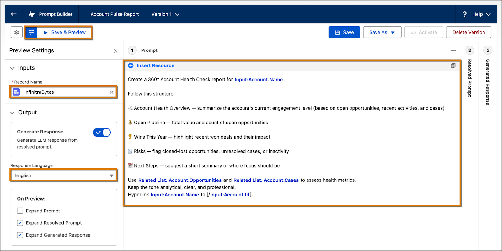 Salesforce Prompt Builder screen showing an account health check prompt with inputs, output settings, and a structured checklist for generating a report.
