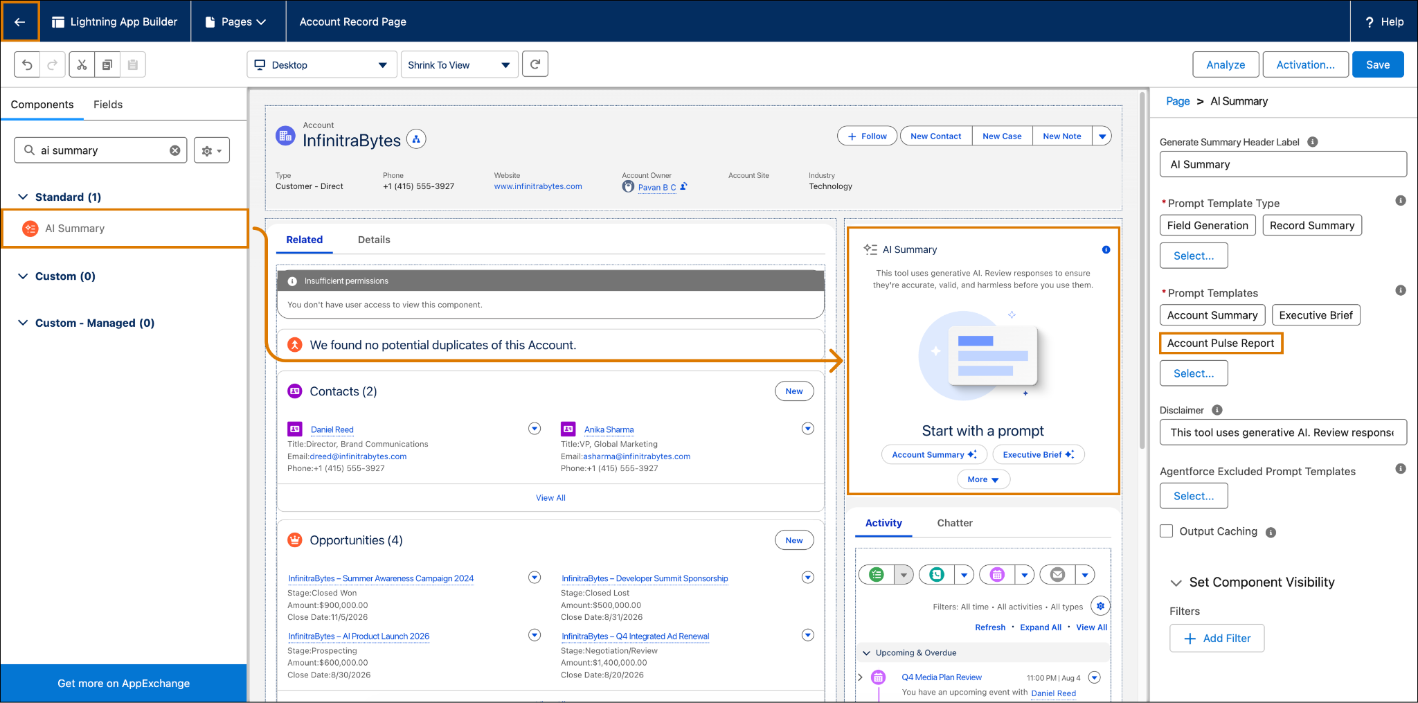 Lightning App Builder showing an Account page with the AI Summary component selected and the ‘Account Pulse Report’ prompt template chosen.
