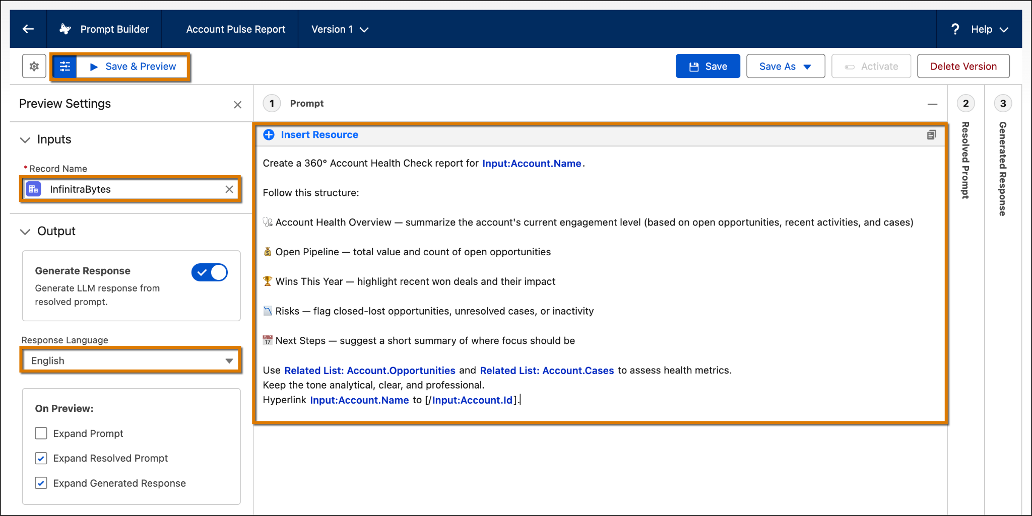 Salesforce Prompt Builder screen showing an account health check prompt with inputs, output settings, and a structured checklist for generating a report.