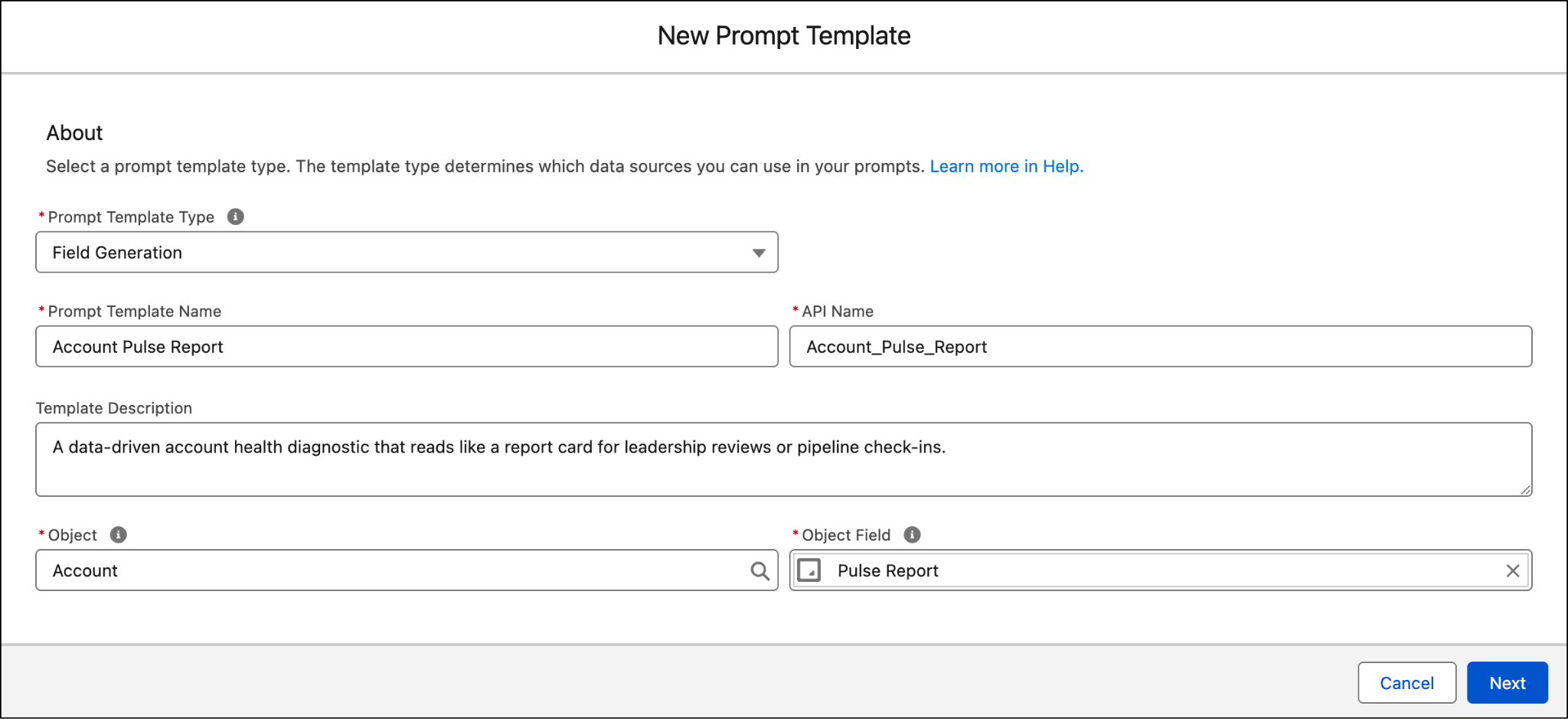 Salesforce screen for creating a new prompt template with fields for template type, name, API name, description, object, and object field.
