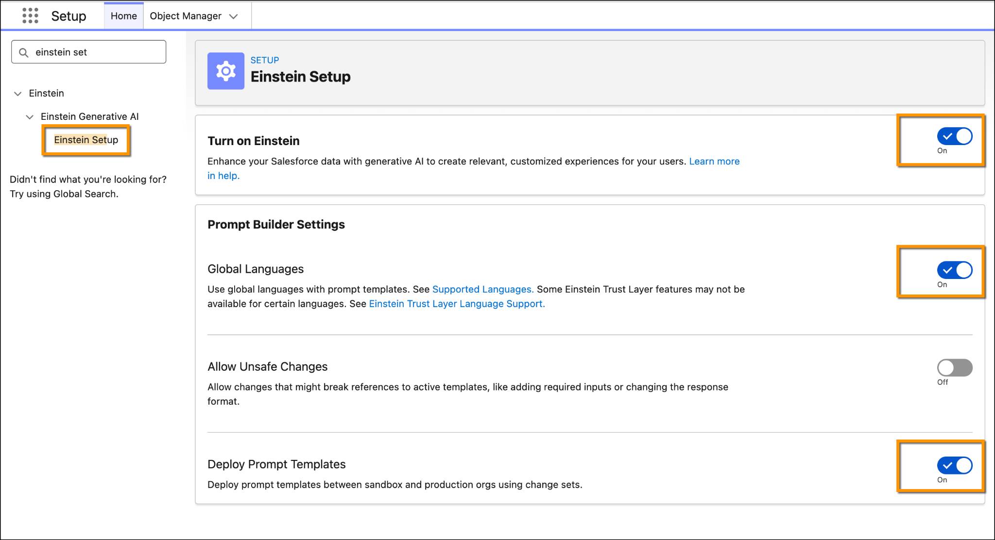 Einstein Setup screen in Salesforce showing options to enable Einstein and Prompt Builder settings.