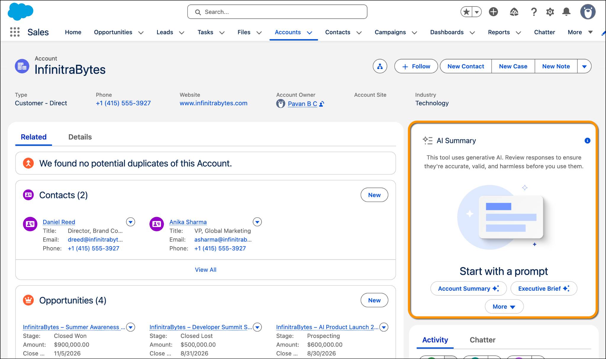 Salesforce Account page for InfinitaBytes showing related records and the AI Summary panel with prompt options like Executive Brief and Account Pulse Report.