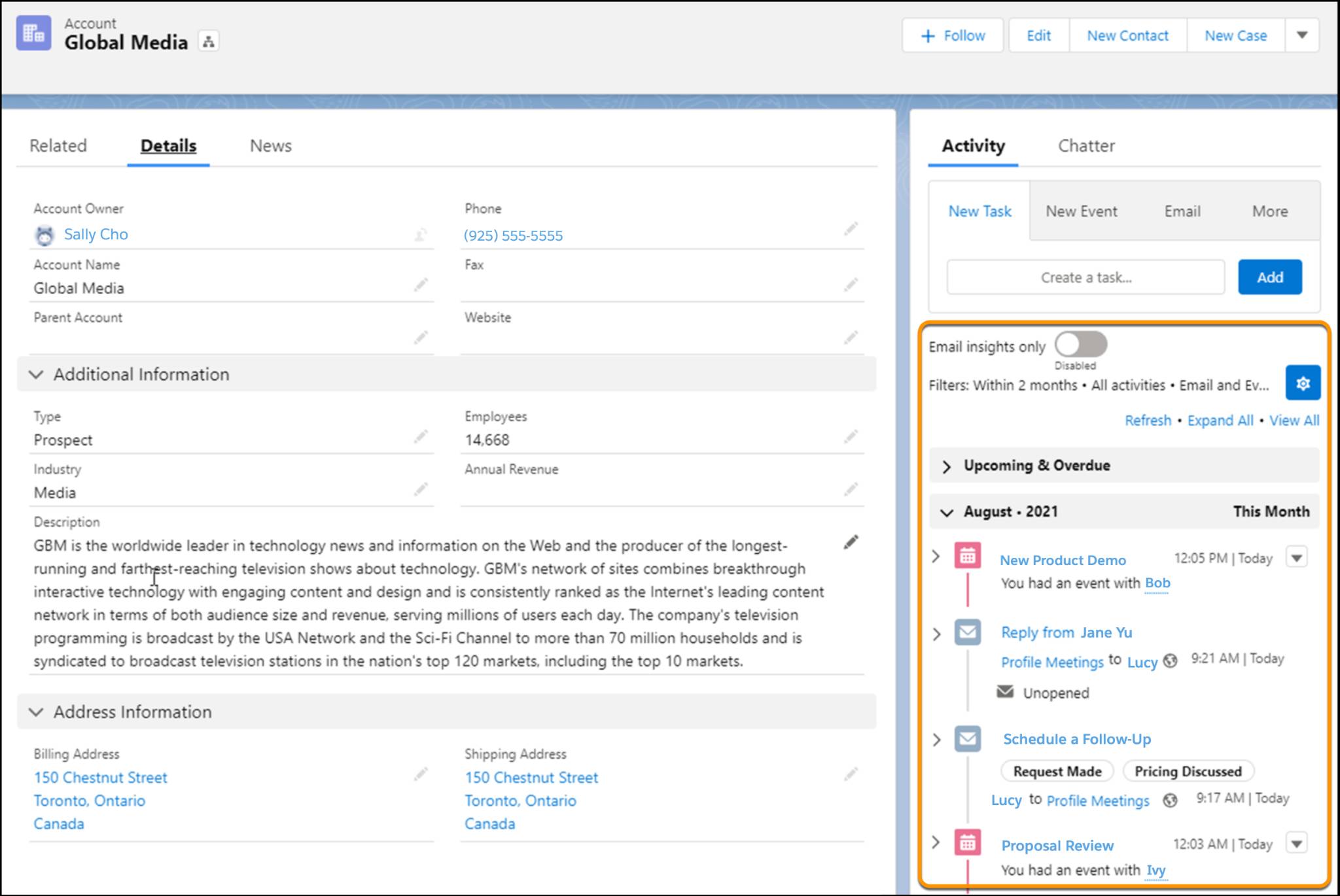 Account in Lightning Experience with Activity Timeline