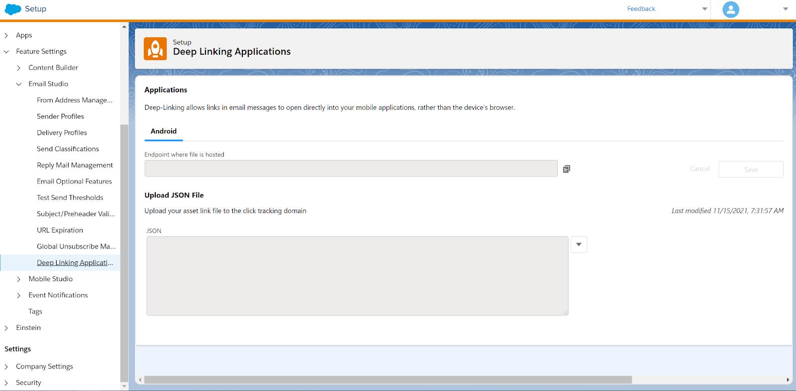 Android Deep Linking Setup Screen with fields for the endpoint where the file is hosted and a JSON File