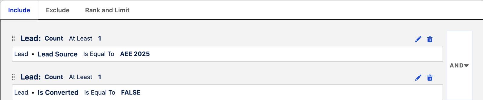The segment canvas shows Lead Source and Is Converted values.