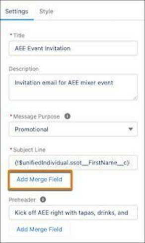 Email Settings panel shows form fields with content settings and Add Merge Field button highlighted.