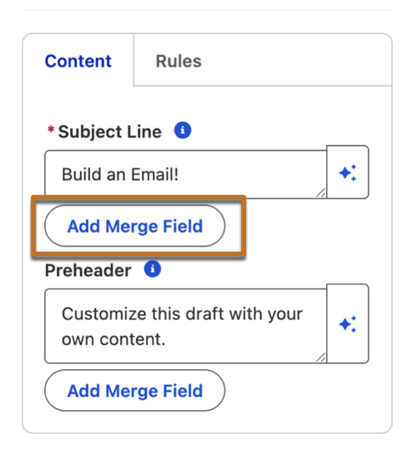 フォーム項目にコンテンツ設定が示され、[Add Merge Field (差し込み項目を追加)] ボタンが強調表示されている [Subject Line and Preheader (件名とプリヘッダー)] セクション。