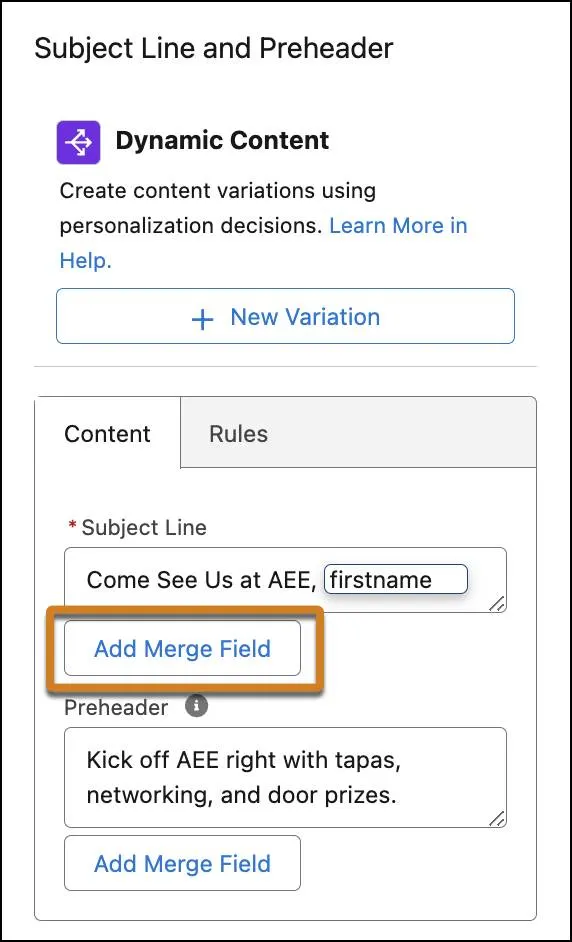 A seção Subject Line and Preheader (Linha de assunto e pré-cabeçalho)O painel Email Settings (Configurações de email) mostra campos de formulário com configurações de conteúdo e o botão Add Merge Field (Adicionar campo de mesclagem) destacado.