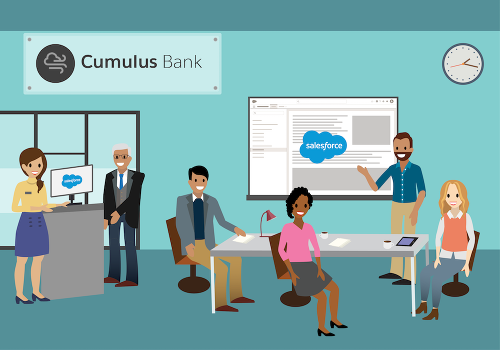 Cumulus Bank team with Cumulus Bank Logo and a large screen with the Salesforce logo.