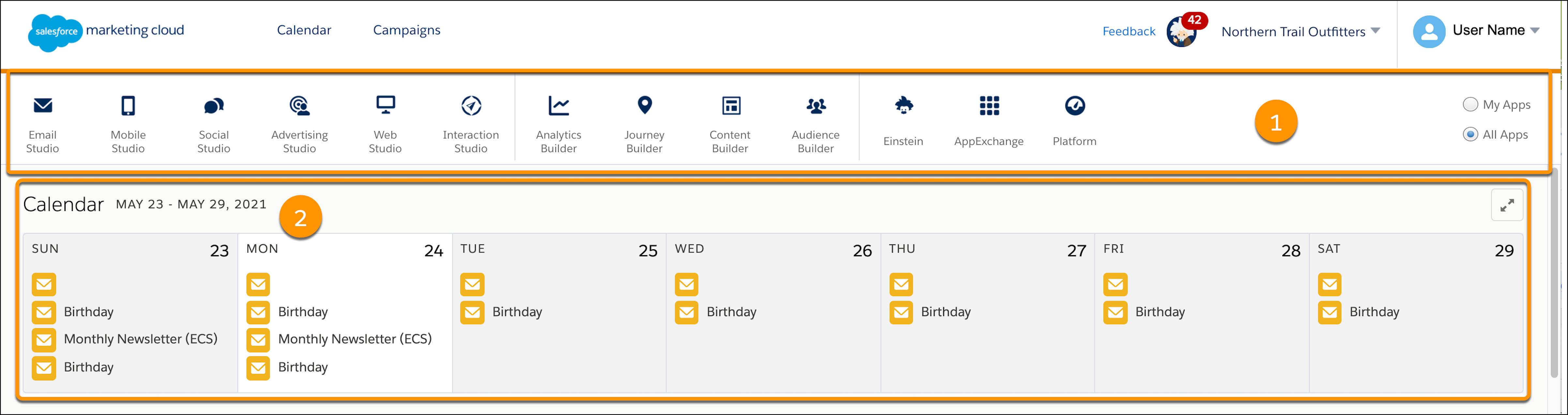 Página inicial do Marketing Cloud Engagement com call-outs para a barra de navegação e calendário.