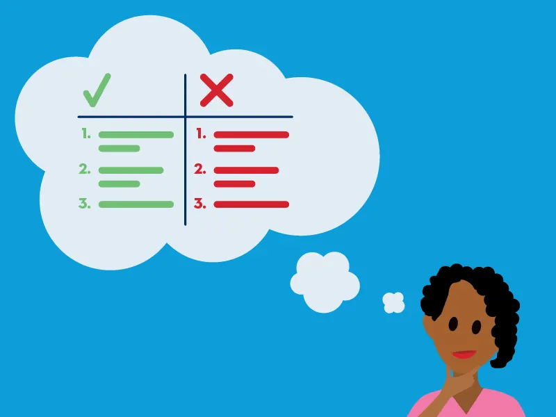 Person weighing the pros and cons of an action represented by a table in a thought bubble, with a green checkmark and list representing pros and a red x and list representing cons